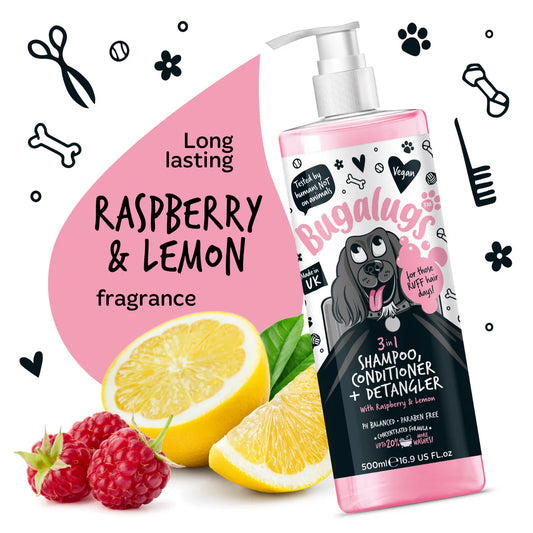 Bugalugs 3 in 1 Raspberry & Lemon Dog Shampoo, Conditioner & Detangler