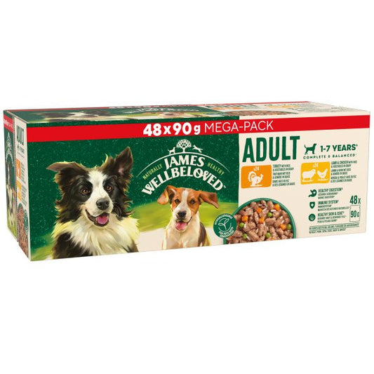 James Wellbeloved Adult Dog Pouch with Rice Variety Pack 48 x 90g Bulk Pack