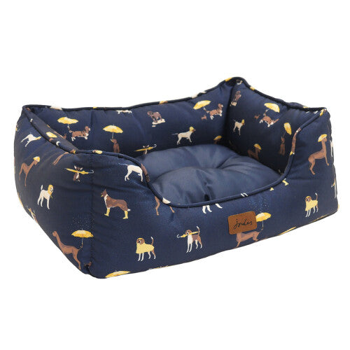 Joules Dog Print Canvas Box Dog Bed With Reversible Plush Cushion Small