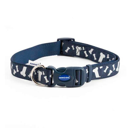 Ancol Nylon Paw N Bone Adjustable Collar Blue